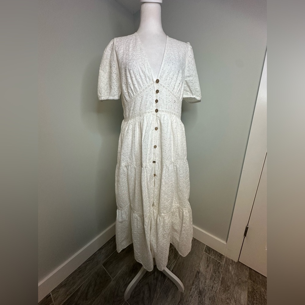 Zara White Lace Eyelet Boho Coastal Cottagecore Prairie Midi Dress Size Large - Picture 3 of 17